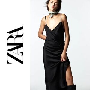 ZARA Black Draped Dress With Slit - Small